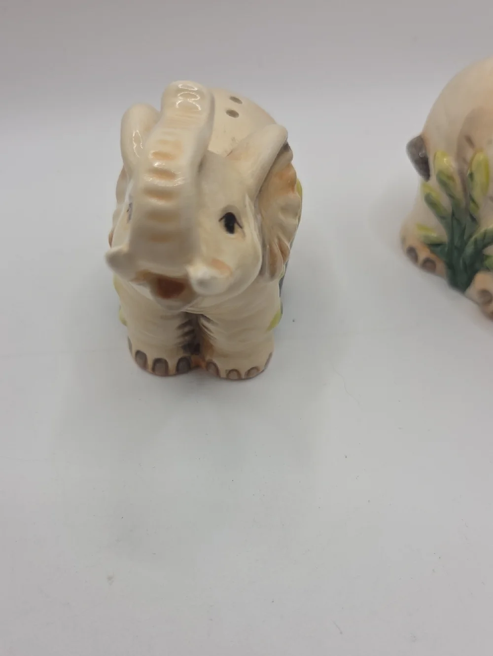 Ceramic Elephant Salt and Pepper Shakers - Cream with Green Accents